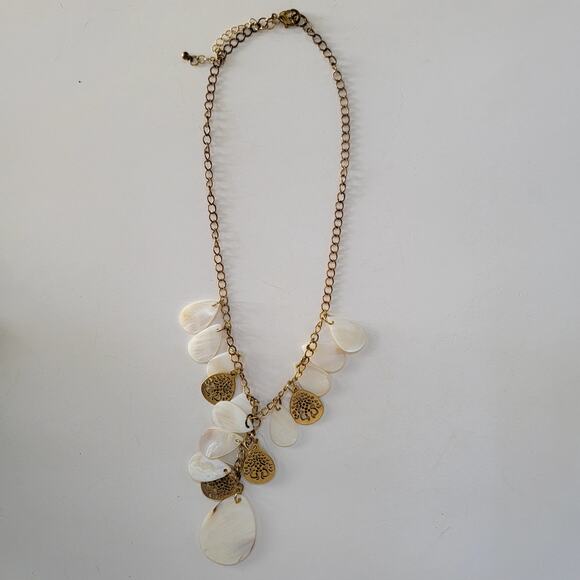 Boho Shell and Gold Tone Necklace with Teardrop Charms Statement Beach Jewelry - Picture 2 of 10